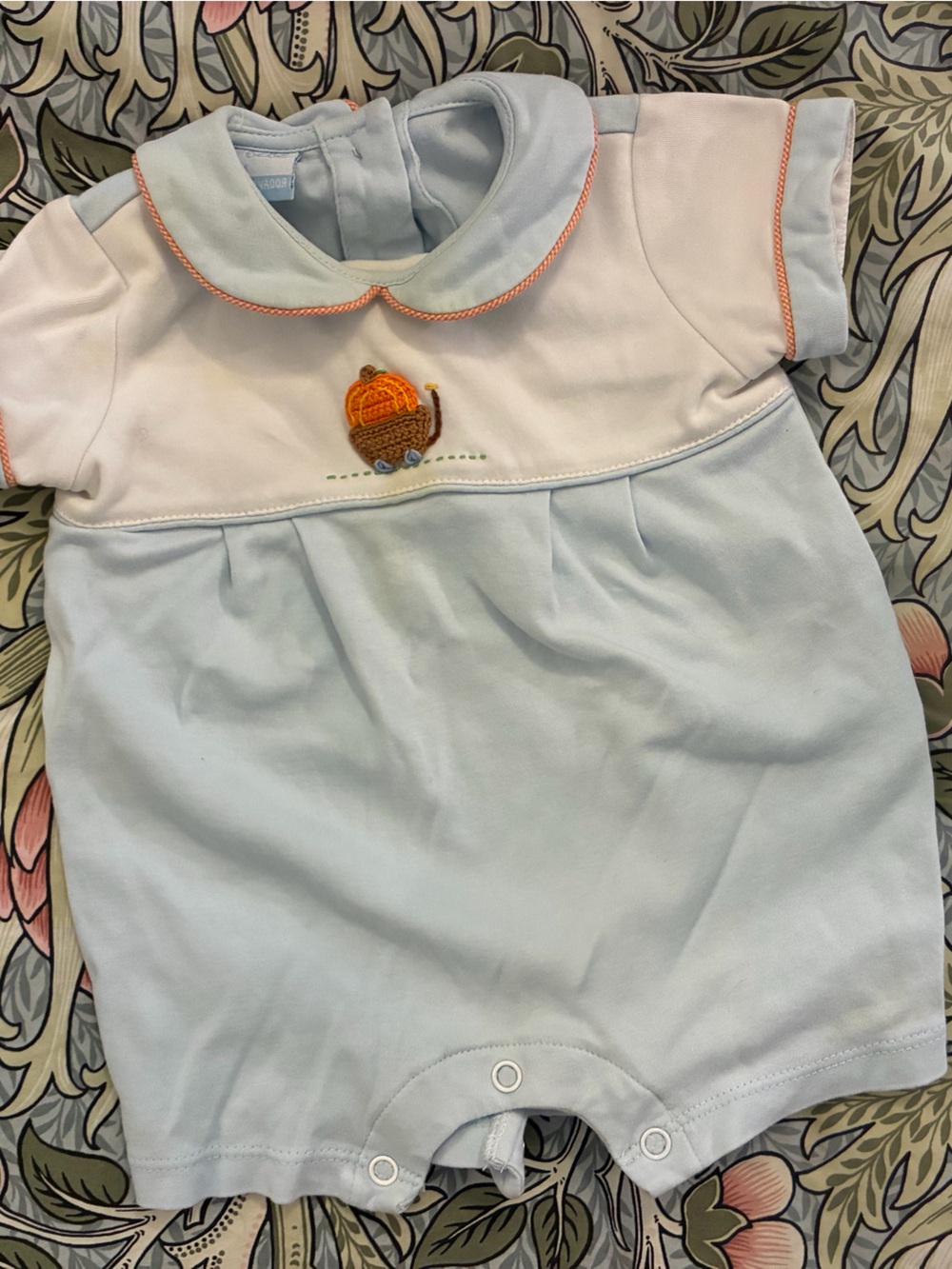 Petit Bebe Light Blue & White Embroidered Pumpkin Onesie